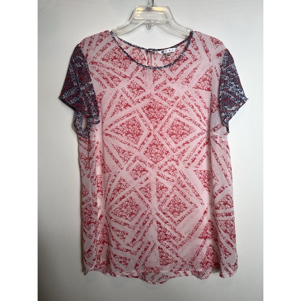 Cabi Women's Sheer Short Sleeve Top Red Blue Size Large